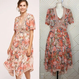 Anthropologie Ranna Gill Rose Bouquet Dress Floral Short Sleeve Pink Size 4